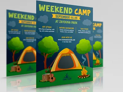 Camp Flyer Template advanture design flyer fun illustration kids leaflet poster school summer vacation