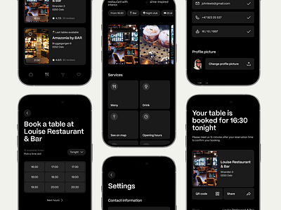 App design to book a table at a bar app bar book booking browse dark design list minimalist mobile phone reservation restaurant results screen search time ui