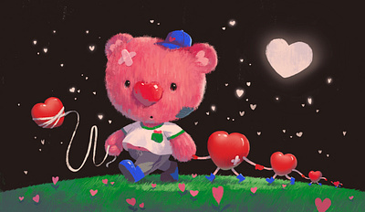 Take a Walk bear grass heart illustration moon night peace walk
