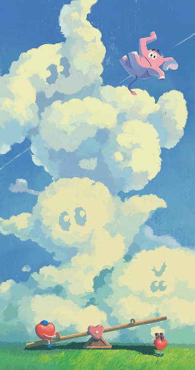 The Weight of Heart clouds elephant grass heart illustration seesaw sky