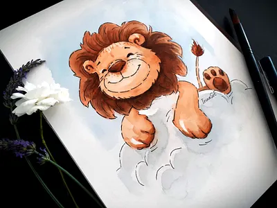 Cute watercolor lion illustration cartoon cartoon character cartoon lion chibi lion children illustration cloud cute cute lion fineliner fun kids lion illustration nursery illustration safari savanah sweet lion watercolor watercolor character watercolor illustration