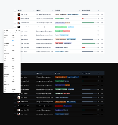 Table Component dark mode figma filters table ui