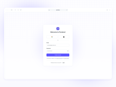Create account screen for Pondera. ai app create account desktop login register saas sign in sign up ui