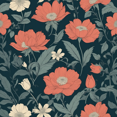 Midnight Garden: Vintage Floral Elegance botanical illustration chic floral classic floral decorative art elegant design floral print floral wallpaper garden flowers luxurious flowers nature pattern poppies red and white flowers romantic flowers textile design vintage floral