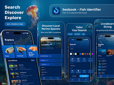 ASO Design for Seabook - Fish Identifier ai app appstore aso design fish googleplay graphic design identifier jellyfish ocean river screenshot screenshots sea seabook set shark ui water