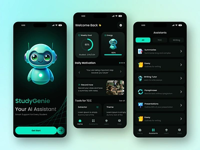 StudyGenie- AI Assistant for Student ai ai app ai assistant ai helper chat app chatbot chatgpt design education interface mobile mobile app student study text ui uiux ux virtual assistant voice