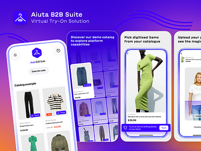 ASO Design for Aiuta B2B Suite App ai aiuta app aso branding business clothes design dress fashion fashiongpt graphic design model retail screenshot set ui virtual fitting virtual fitting room virtual try on