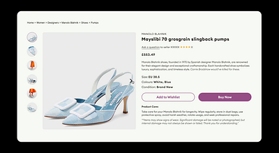 Day 12/100 Design Challenge: Product Detail, Carousel 100daydesignchallenge animation carousel figma manolo blahnik product page prototype ui ux