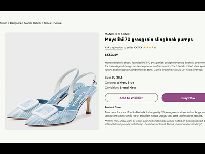 Day 12/100 Design Challenge: Product Detail, Carousel 100daydesignchallenge animation carousel figma manolo blahnik product page prototype ui ux