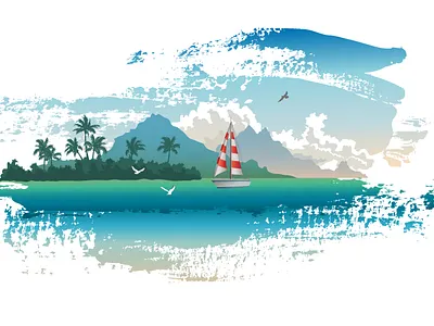 Tropical paradise boat drawing graphic design illustration illustrator island ocean palm trees sea vector yacht