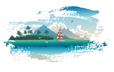 Tropical paradise boat drawing graphic design illustration illustrator island ocean palm trees sea vector yacht