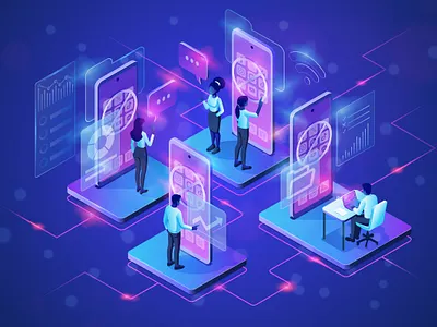 Isometric business illustration abstract blue business character chart invest investment isometric lock man office people phone purple schedule smartphone technology vector web woman