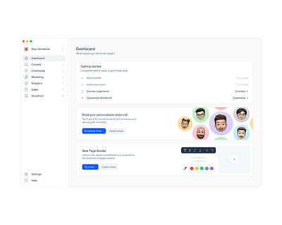 New Dashboard for Uscreen app cards clean crm dashboard desktop education mac app minimal onboarding page builder product design saas settings sidebar simple steps ui ux web app