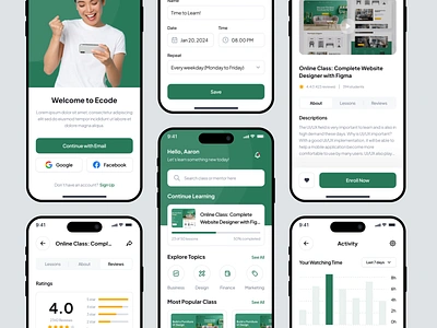 Ecode - Learn Coding Mobile App app app design coding coding app course course app course mobile app e learning figma green learn mobile app learning app minimal mobile app online course programming ui ui design ui8 uikit