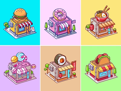 Food Shop Building🏫🍔🍜🍭 architecture building burger candy cooking doodle exterior flat food food shop foos store icon illustration logo menu ramen stall store sushi vector