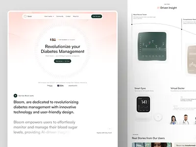 Bloom - Glucose Companion Landing Page ai app branding chart clean companion design trend device diabetes doctor glucose illustration logo minimalism mockup trend ui uiux ux web design