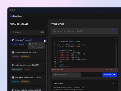 Automate Workflows Using Code ai api automate b2b clean code code editor coding concept dark ui dashboard error figma gradient saas template ui ux website workflows