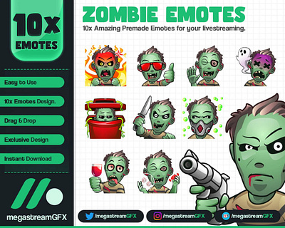 10x Zombie twitch emotes - Horror Emotes - Halloween Emotes zombiefordiscord