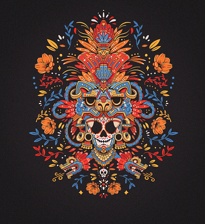 Leopardus Pardalis colors flowers gat illustration mexican mexico prehispanic skull vector