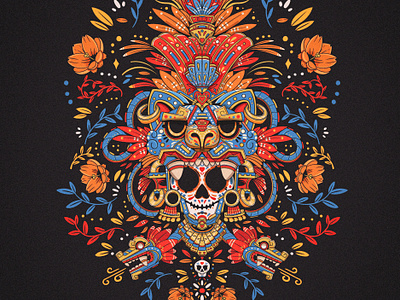 Leopardus Pardalis colors flowers gat illustration mexican mexico prehispanic skull vector