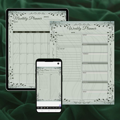 Green Regency-inspired Planner design digital planner graphic design page design planner design printable planner