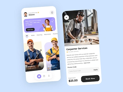 On Demand App app application booking carpenter service clean ui cleaning service design electrician service home service ios minimalistic mobile app on demand on demand service plumber service product design service app services ui ux