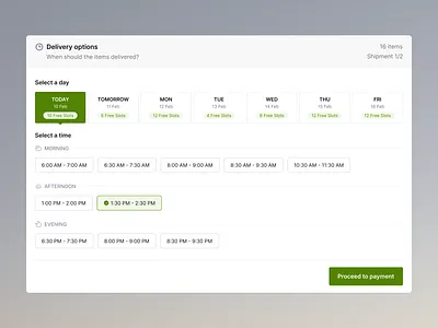 Delivery slots component component delivery slots design ecommerce pills platform radio button slots timeslots timings ui
