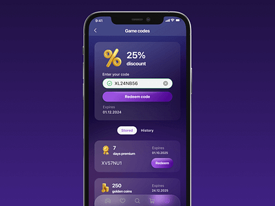 Redeem code screen in gaming mobile app app coupon design game gaming gaming app mobile redeem code ui