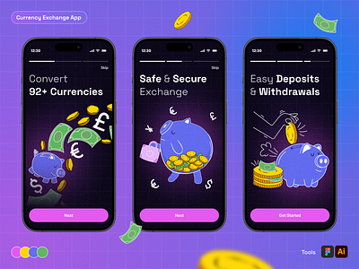 Cryptocurrency Exchange App - Onboarding Design app ui bitcoin crypto crypto app crypto design crypto illustrations crypto mobile application crypto onboarding currency currency exchange dollar exchange finance finance app fintech minimal money transfer payment trading wallet