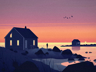 House by the Ocean art beach birds enjoy evening grain graphic design home house illustration illustrator lake man ocean procreate sky stone summer sunset vector