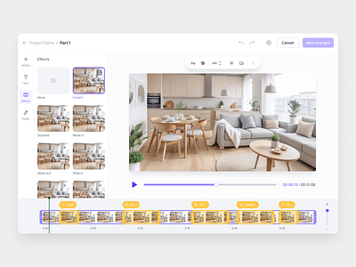 Apply effects to video action apply audio cancel changes dissolve effect effects instant move in move out none part project project name rename save ui video