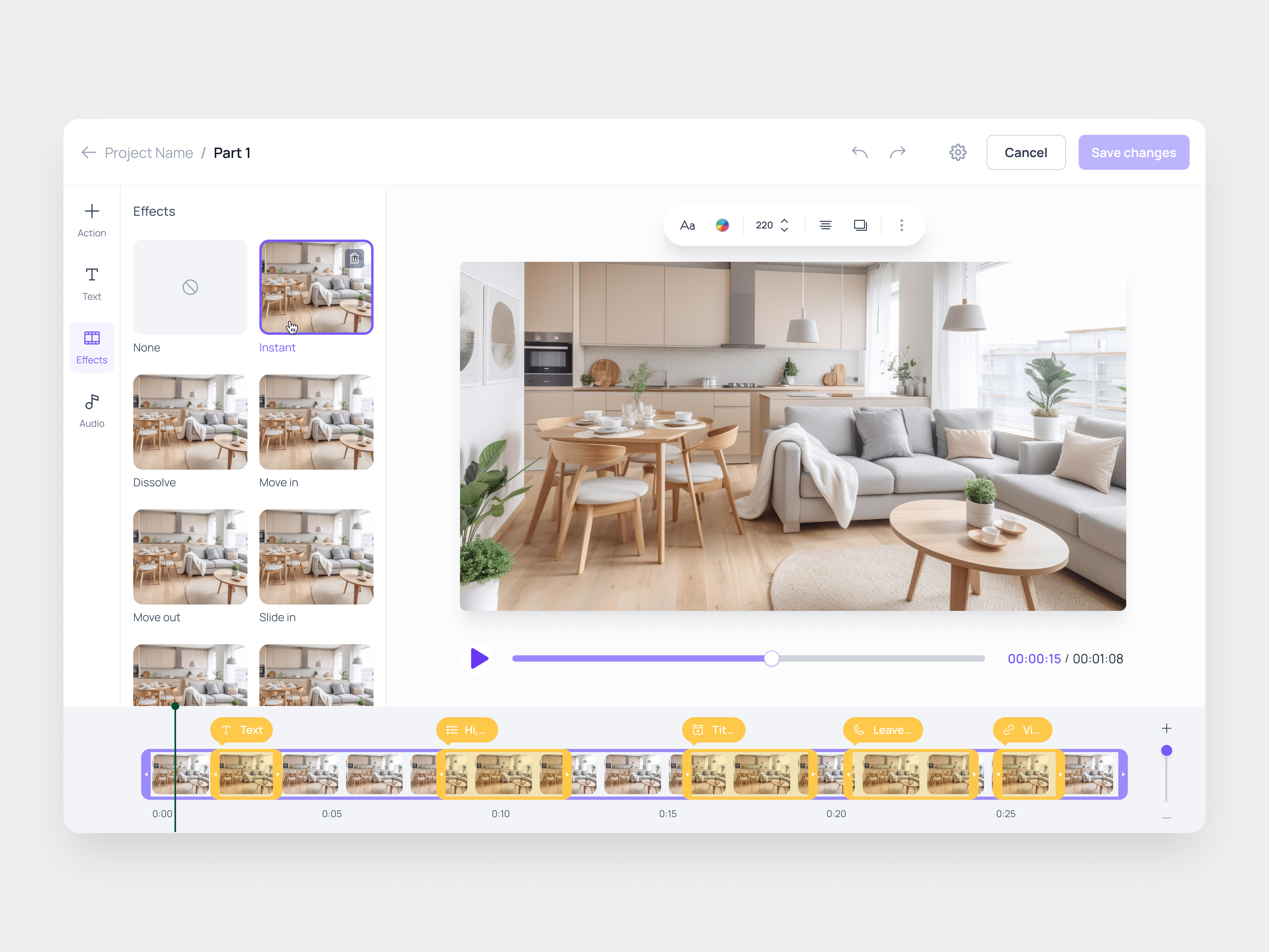 Apply effects to video action apply audio cancel changes dissolve effect effects instant move in move out none part project project name rename save ui video