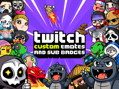 Collection of Custom Twitch Emotes and Sub Badges cartoon chibi custom badges custom emotes cute design emoji design emote artist emote design gamer emotes gaming emotes illustration sticker design streamer emotes streamer graphics sub badges sub emotes twicth graphics twitch art twitch emotes