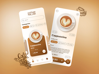 Coffee Shop Mobile App app application brown cappucino coffe coffee coffeeshop delivery drink espresso graphic design late light mobile order shop trend ui uiux ux