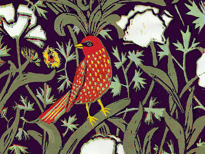 Night Bird graphic design illustration linocut william morris inspired