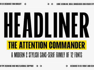 HEADLINER - A Powerful Sans Family advertising advertising font attention attention font banding bold font branding font logo font marketing marketing font modern sans tall font