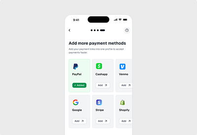 Add payment methods - onboarding app clean finance fintech green minimal mobile payments paypal saas