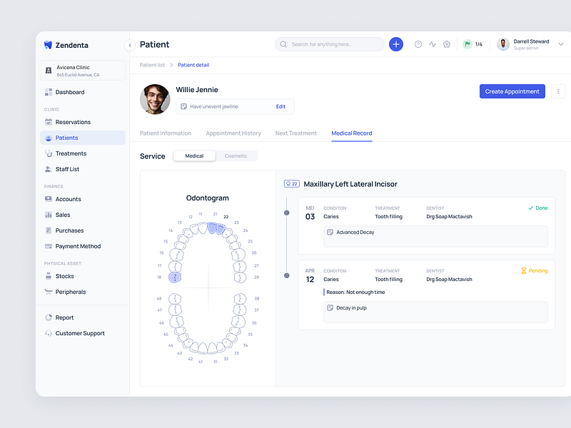 Zendenta - Patient Medical Record dental clinic health care medical record odontogram patient detail patient management product design saas ui ux web app web design