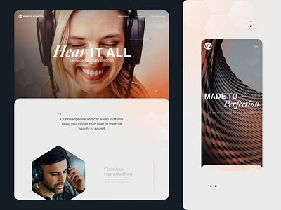 Website design for a high end audio company. UI / UX audio curves darkui headphones hero hexagon imagery lightanddark lightui mobiledesign orange people photography shapes sound typography vision webdesign