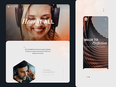 Warwick Acoustics audio curves darkui headphones hero hexagon imagery lightanddark lightui mobiledesign orange people photography shapes sound typography vision webdesign