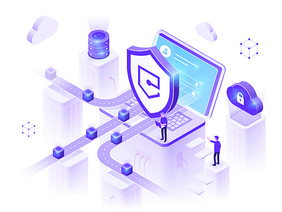 Protection business Isometric illustration 3d abstract blue business character cloud data future information isometric man people protection safety shield technology vector web white