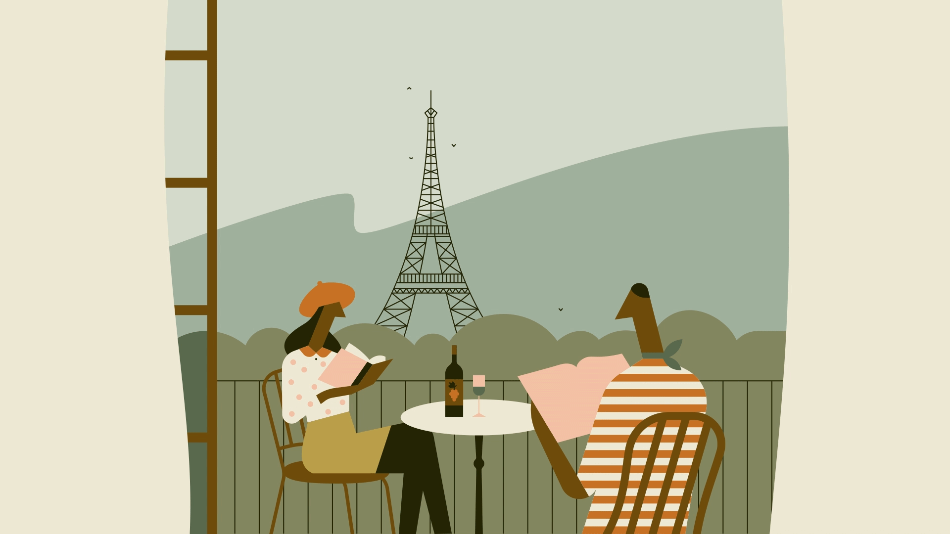 Paris 2024 bird book character eiffel tower green illustration olympics paris pink reading scarf vector wine