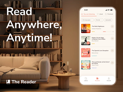 Mobile App | The Reader ai animation audiobooks book app books bookstore categories ebook library list logo mobile app podcast read online reader reader app sign up ux ui