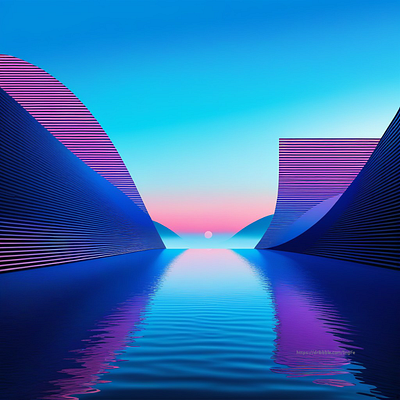 Geometric Structures and a Misty Sunset Reflect in a Still Water 3d ai aigc art artwork branding colorful illustration reflections water