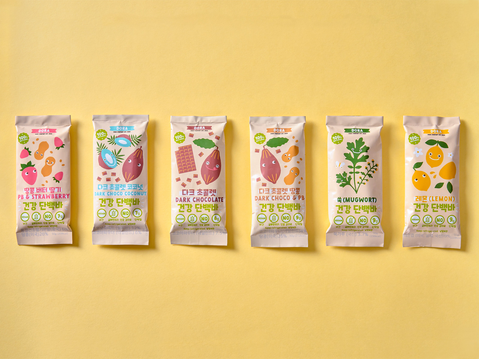 Dora Bar cacao characters childrens illustration chocolate cute flat design food characters food illustration food packaging healthy snack kawaii kids illustration organic package design protein bar simple south korea