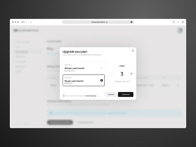 Upgrade subscription plan modal app checkout components modal product design radio group saas stepper stylescope icons subscription ui.ux upgrade plan web