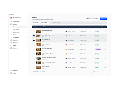 Video CMS for Uscreen branding bulk actions clean cms crm dashboard date picker desktop expand list minimal product design saas search sidebar simple table ui ux web app