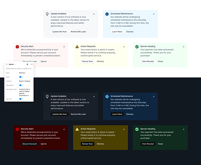 Banners Component alerts badges banners dark mode dashboard design system