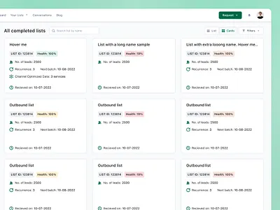 Completed lists - Card View badges cardview green leadenrichment leadrequest leads list productdesign sales statuses ui