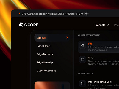 GCore AI Platform ai ai cloud ai startup ai technology ai tool ai website design aiml artificial intelligence gpu homepage ipu landing page menu neural network nvidia product saas software startup web design